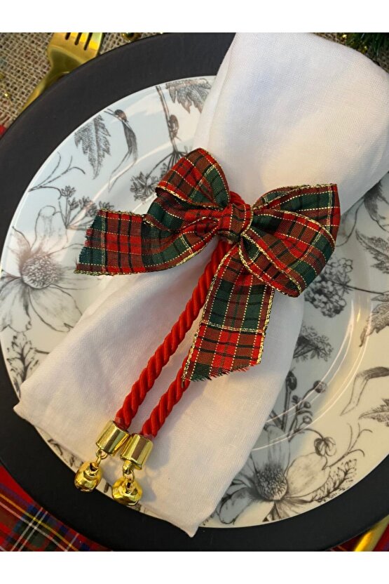 6lı Set Ekose Fiyonklu Yılbaşı Noel Temalı Peçete Halkası