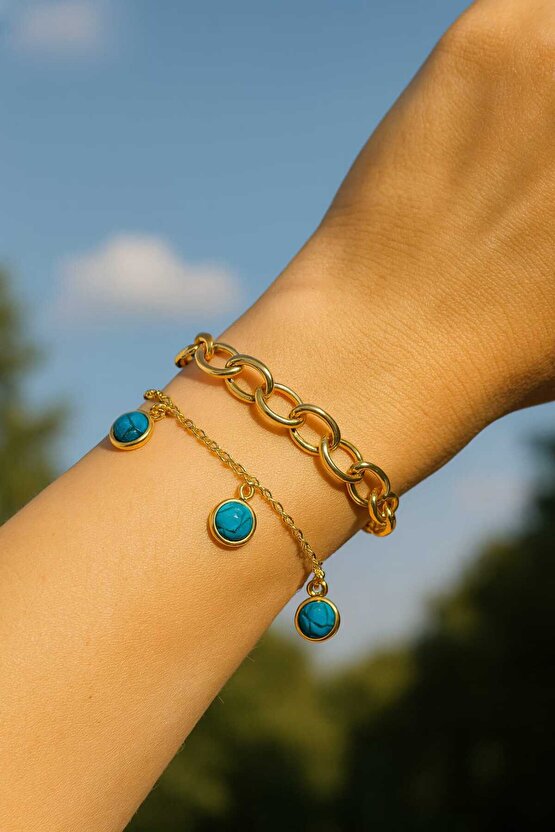 Gold Zincir ve Mavi Taşlı İkili Bileklik