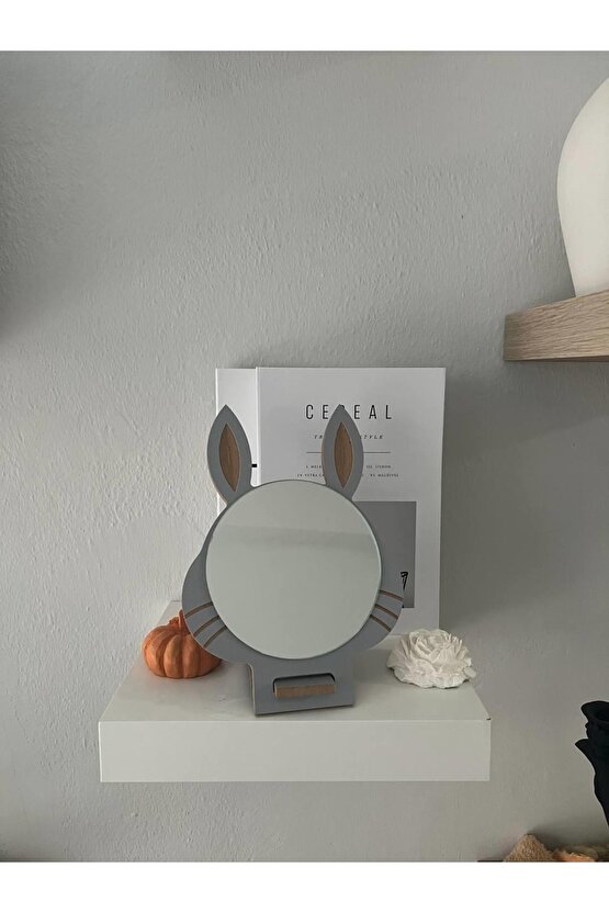Masaüstü Gri Renk Hediyelik Dekoratif Makyaj Aynasi,tavşan Kulaklı,sevimli Ayna, Çocuk Ve Genç Ayna,