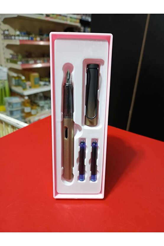Hediyelik Dolma Kalem Seti EF uçlu kalem+iki kartuş sert mika METALİK GOLD