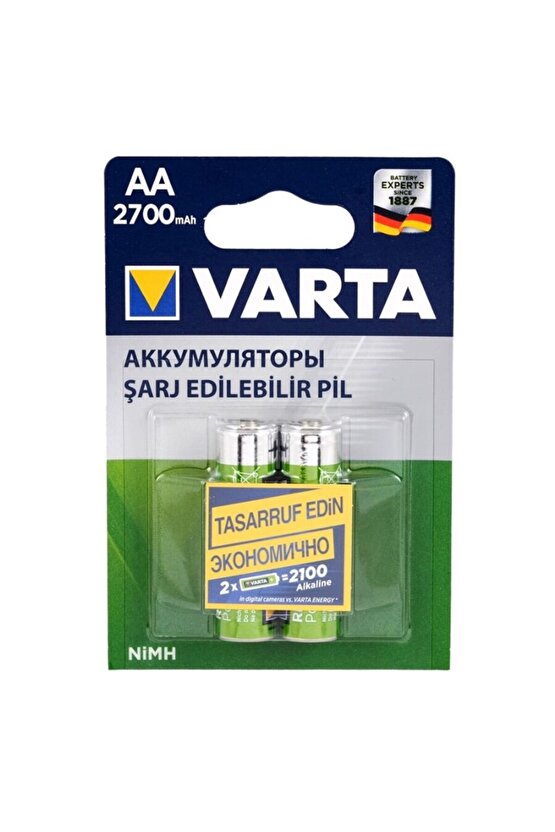 Ni-Mh 1.2V 2700 Mah HR6 Şarj Edilebilir Şarjlı AA Kalem Pil (2Li Paket)