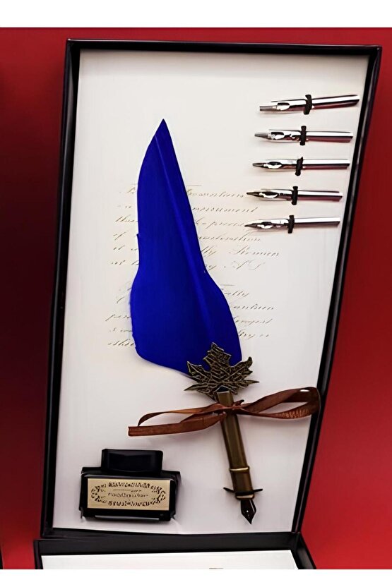 Hediyelik Taçlı Kuş Tüyü Divit Kalem Seti Şarap