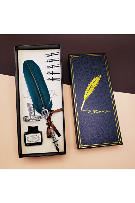 Hediyelik Taçlı Kuş Tüyü Divit Kalem Seti Şarap