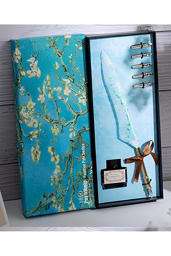 Hediyelik Taçlı Kuş Tüyü Divit Kalem Seti Şarap