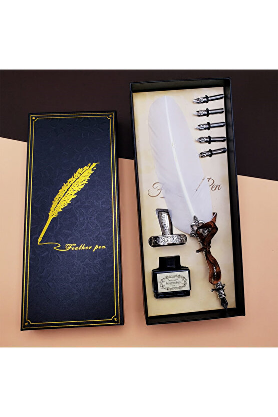 Hediyelik Taçlı Kuş Tüyü Divit Kalem Seti Şarap