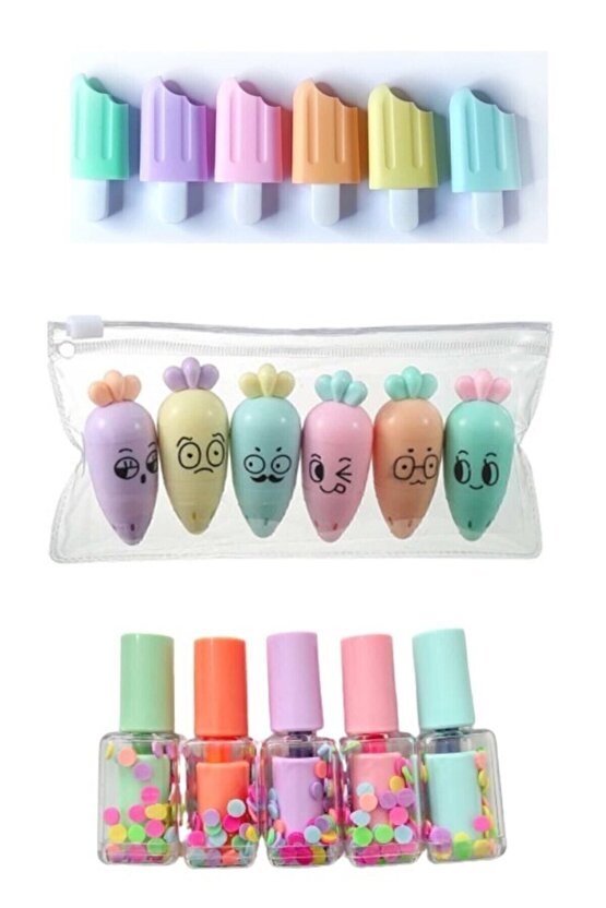 Mini 3 Parça Fosforlu Kalemler Seti - Dondurma - Sevimli Havuç Ve Oje Fosforlu - Ege Fotokopi Seti