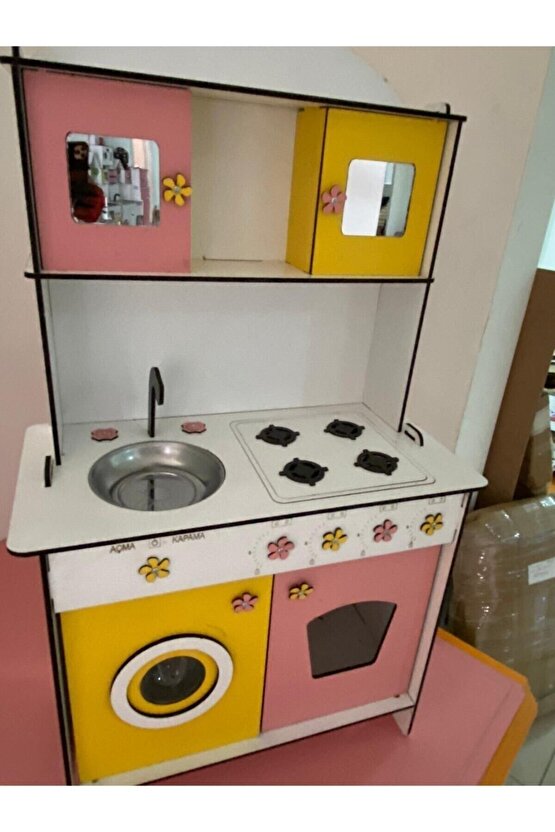 Büyük Boy Ahşap Oyuncak Mutfak Seti,eğitici Montessori Mutfak Oyuncak Seti Çamaşır Makinalı-sarı