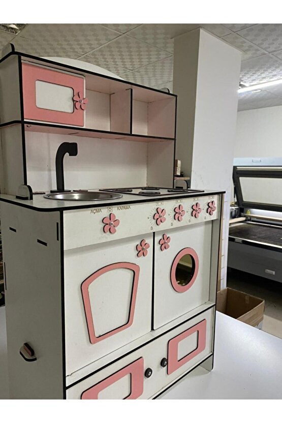 Dekoratif Doğal Ahşap Eğitici Kız Çocuk Mutfak Dolabı Seti Pembe-beyaz 91x59