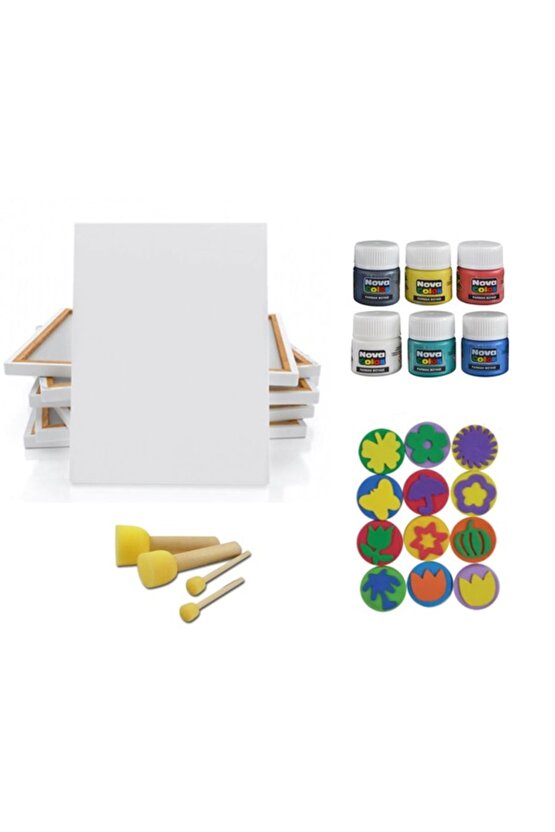 Çocuklar Için 25x35 Tuval + Parmak Boyası Seti ( Pon Pon Fırça Lı , Baskı Kalıplı )