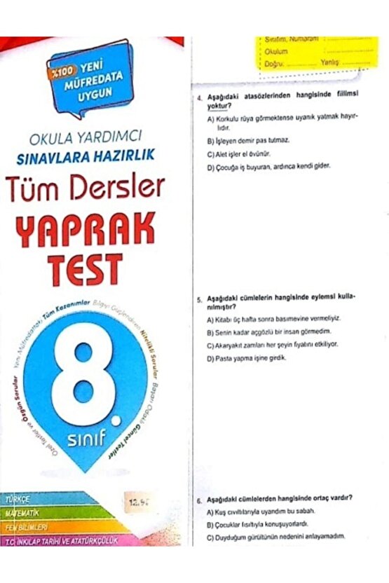 Element 8. Sınıf Tüm Dersler Yaprak Test