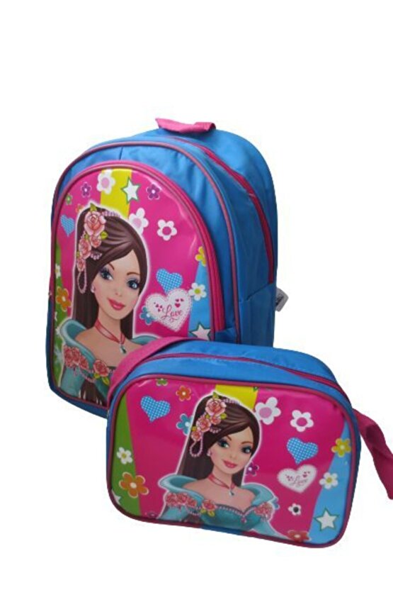 Kız Çocuk Beslenmeli Okul Sırt Çantası - 3 Bölmeli Fermuarlı Okul Beslenme Çantası Kalemlik Hediyeli