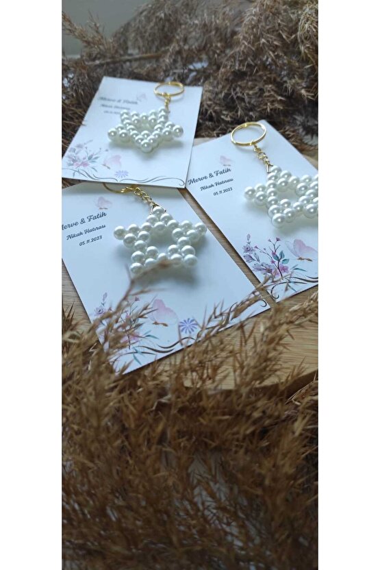 İncili Yıldız Hediyelik Anahtarlık 10 Adet-özel Tasarım Kart-söz-nişan-nikah-kına-mevlüt-baby Shower