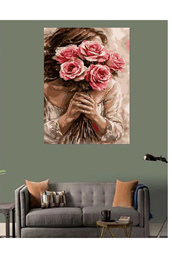 Sayılarla Boyama Kasnaklı Tablo Seti Fırça Boya Dahil 40x50 Güller