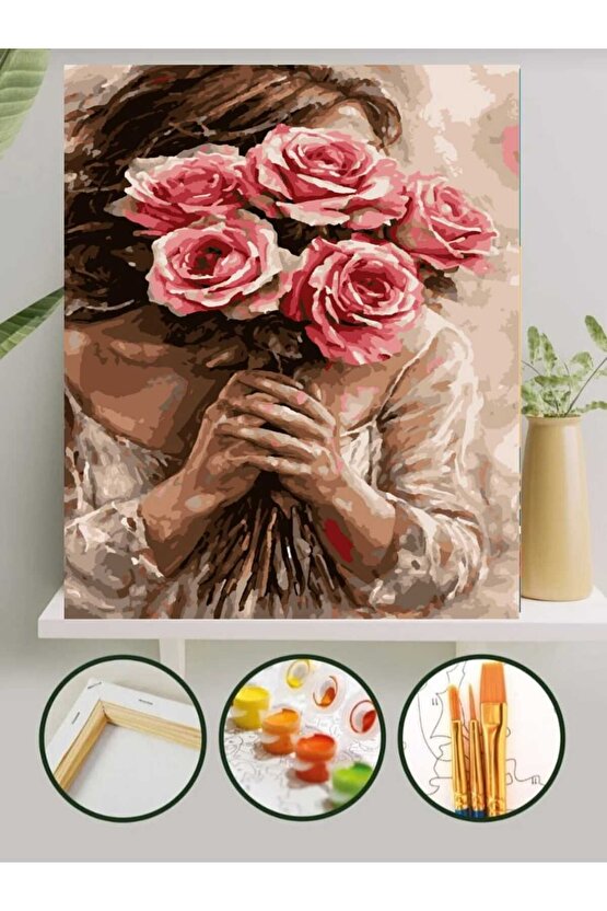 Sayılarla Boyama Kasnaklı Tablo Seti Fırça Boya Dahil 40x50 Güller