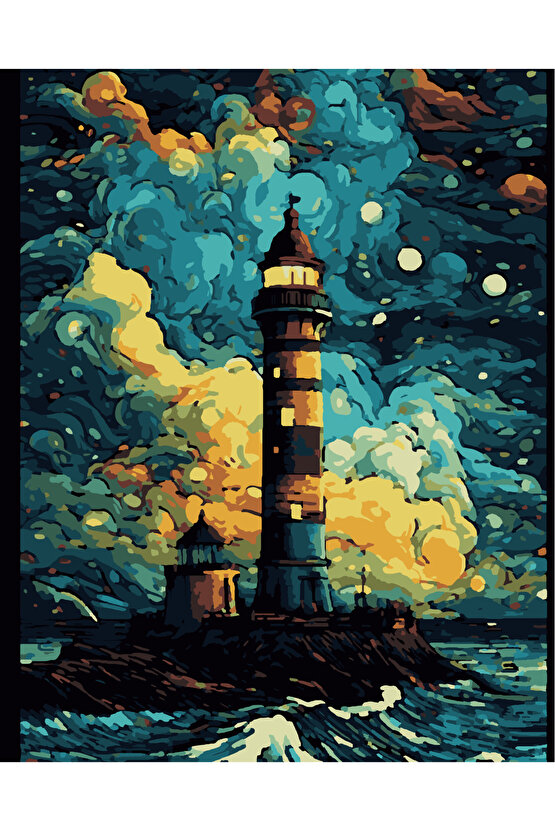 Sayılarla Boyama Kasnaklı Tablo Seti Fırça Boya Dahil 40x50 RENKLİ DENİZ FENERİ