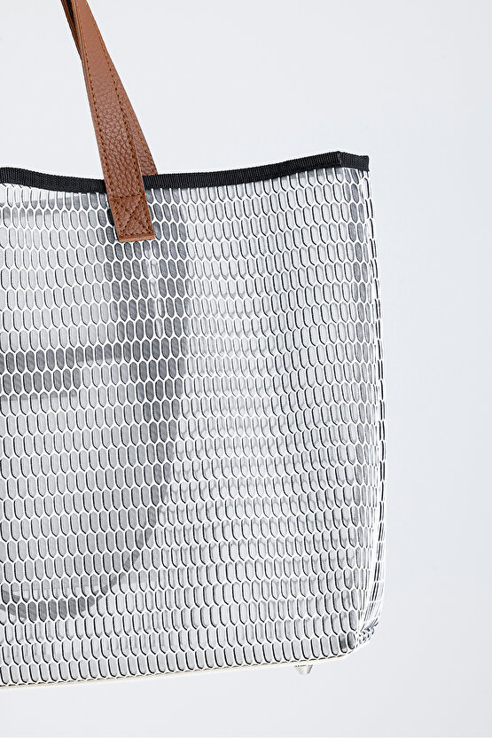 Kadın Beyaz Petek Desenli Şeffaf Büyük Boy Plaj Ve Alışveriş Shopper Tote Omuz Çantası