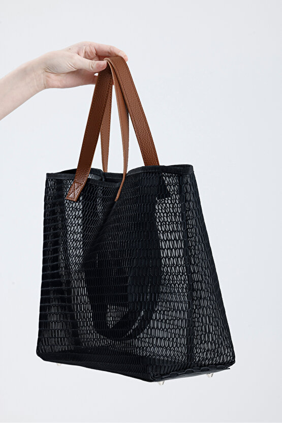 Kadın Siyah Petek Desenli Şeffaf Büyük Boy Plaj Ve Alışveriş Shopper Tote Omuz Çantası