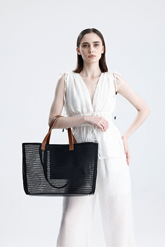 Kadın Siyah Petek Desenli Şeffaf Büyük Boy Plaj Ve Alışveriş Shopper Tote Omuz Çantası