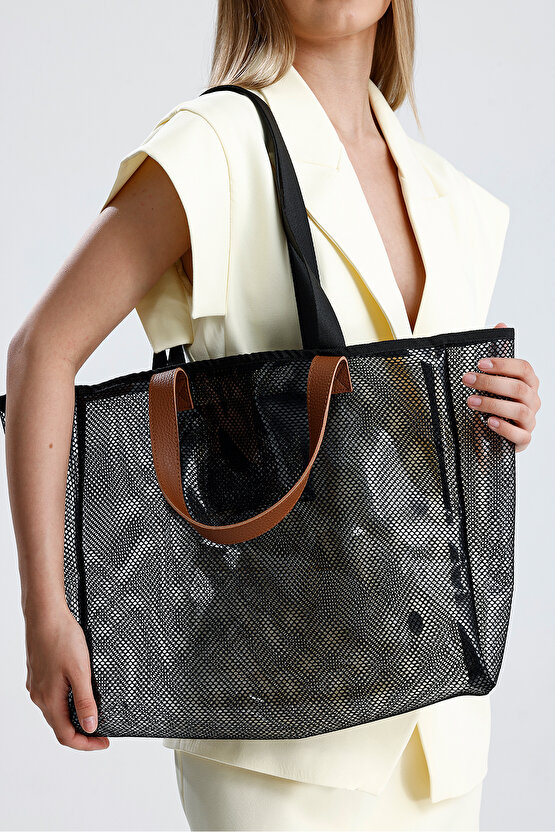 Kadın Siyah File Şeffaf Büyük Boy Plaj Ve Alışveriş Shopper Tote Omuz Çantası