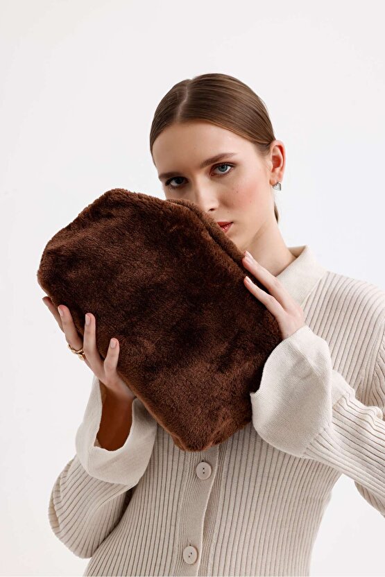 Heybes Kadın Koyu Kahverengi Peluş Teddy Clutch Çanta