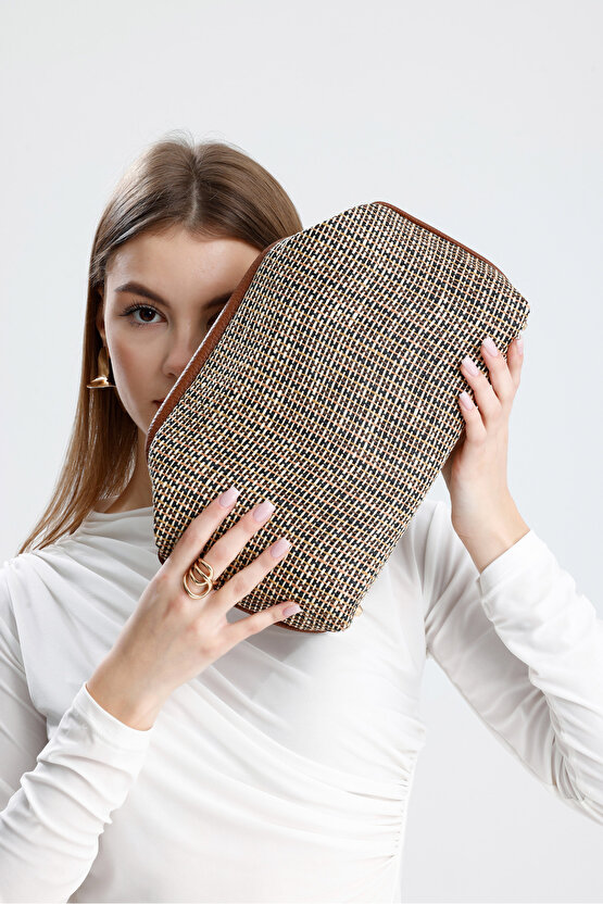 Heybes Kadın Kahve Biyeli Çizgili Jüt Hasır Clutch El Çantası
