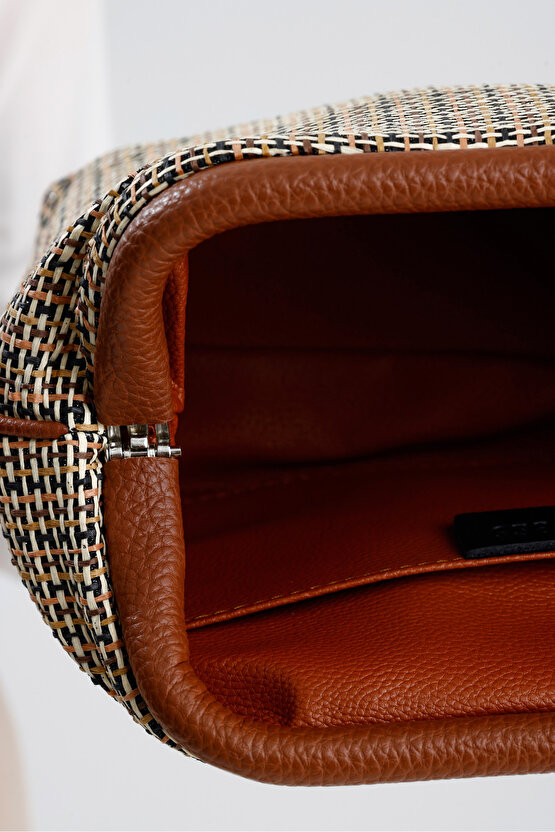 Heybes Kadın Kahve Biyeli Çizgili Jüt Hasır Clutch El Çantası