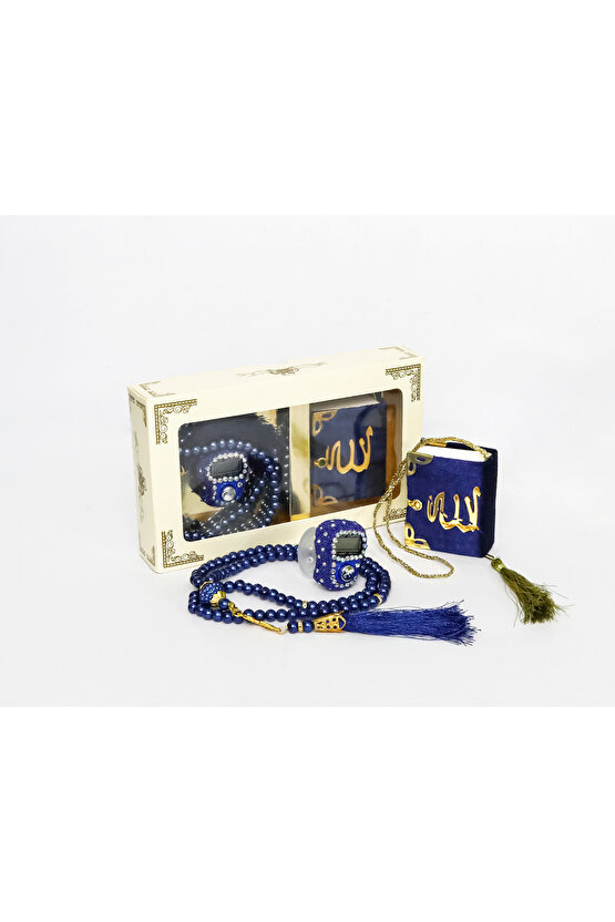 10 Adet - Taşlı Zikirmatik Tesbihmatik Kadife Kaplı Mini Kuran 99lu İnci Tesbih Seti