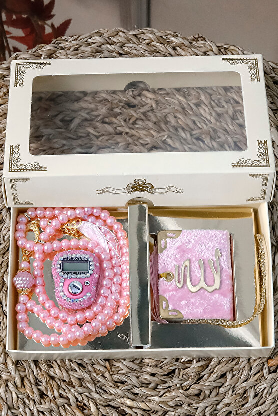 10 Adet - Taşlı Zikirmatik Tesbihmatik Kadife Kaplı Mini Kuran 99lu İnci Tesbih Seti