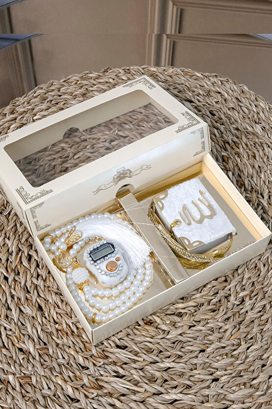 10 Adet - Taşlı Zikirmatik Tesbihmatik Kadife Kaplı Mini Kuran 99lu İnci Tesbih Seti