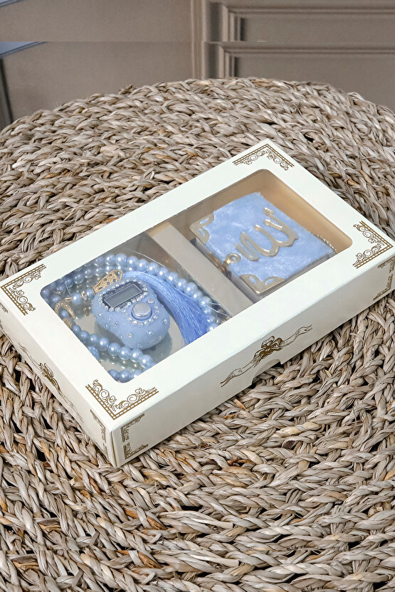 10 Adet - Taşlı Zikirmatik Tesbihmatik Kadife Kaplı Mini Kuran 99lu İnci Tesbih Seti