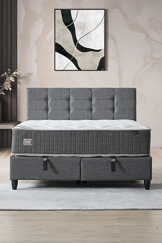 Mimoza Modeli Çift Kişilik Full Ortopedik Yataklı Sandıklı Baza ve Başlık Takımı 3 lü Set