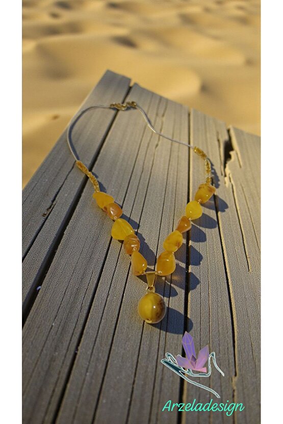 Doğal Taş Damla Kehribar Kolye Celik Aparat