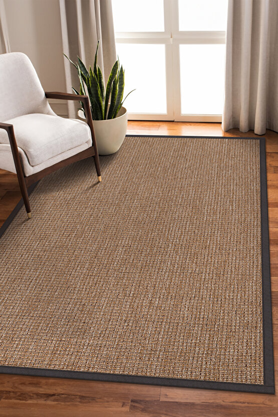 0465-Antrasit Kumaş Bordür Sisal Halı Kilim Hav Toz Vermez Kolay Temizlenen Hasır Kilim