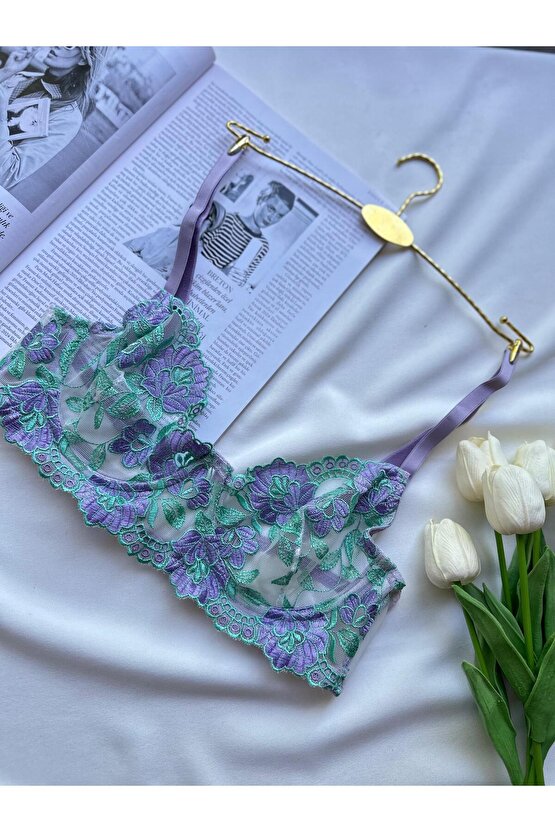İç Çamaşırı Sütyen Takımı Lila Çiçekli Nakışlı