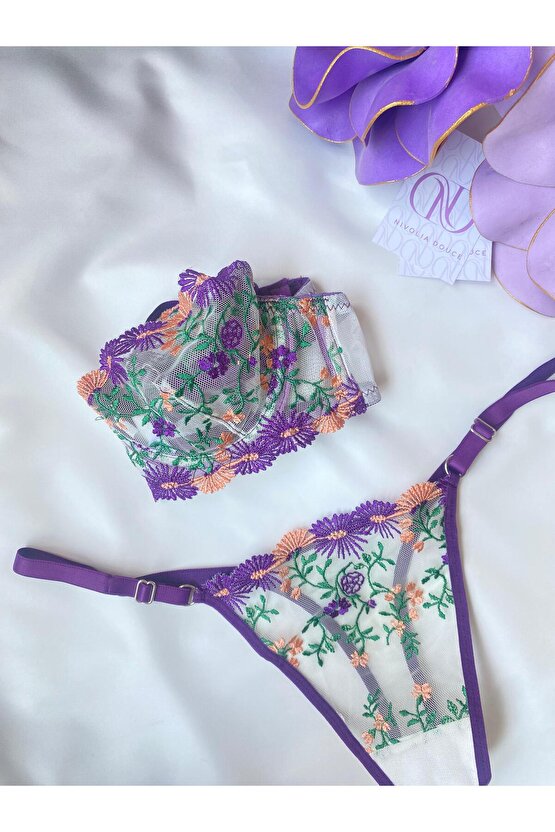 Mor Floral Bralet Takımı