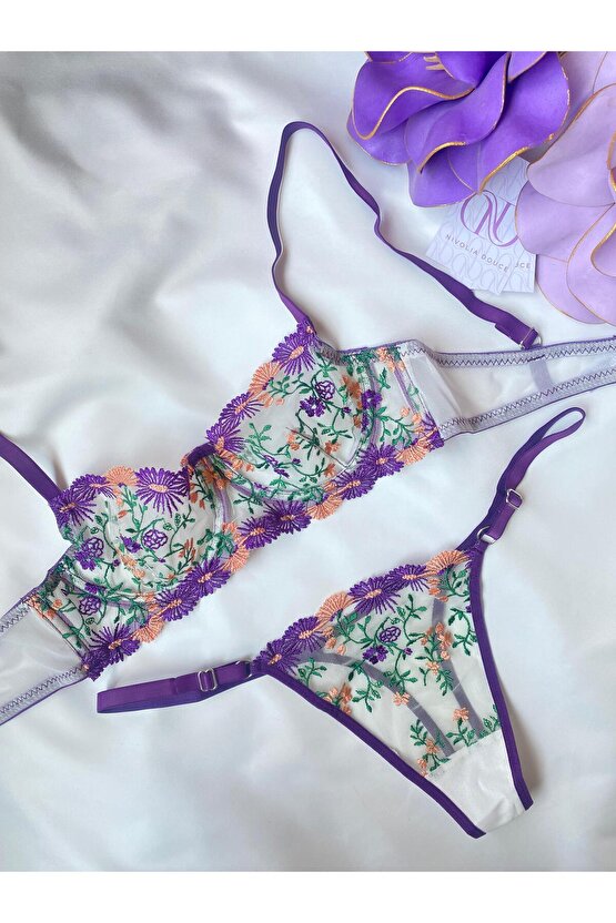 Mor Floral Bralet Takımı