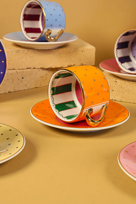 Puantiyeli Renkli 6 Kişilik 12 Parça Porselen Kahve Fincan Takımı Modern Desenli Lüks Tasarım