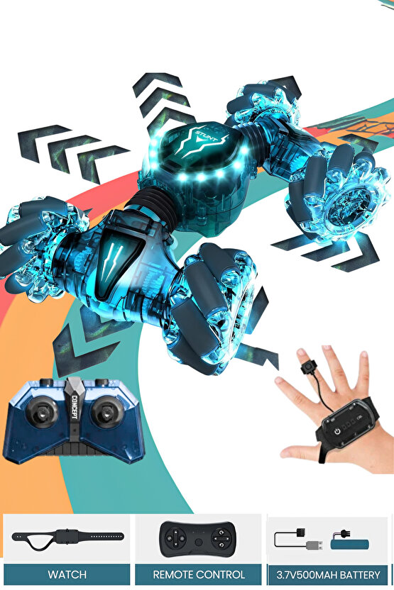 Oyuncak 2.4 GHz Bilekten ve Uzaktan Kumandalı Işıklı 4X4 Çift Kumandalı Akrobat Araba Şeffaf Model