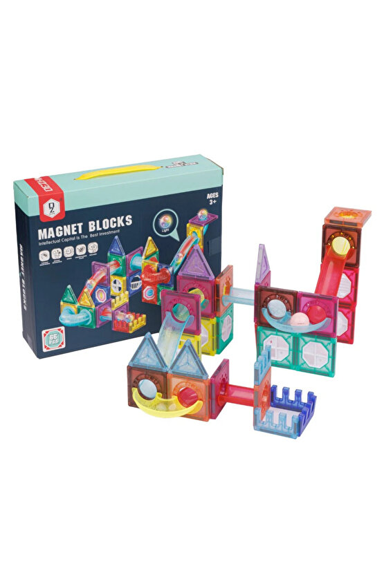 Manyetik Geometrik Işıklı Bloklu 66 Parça Şekil Yapım Seti 3+ Çocuk Eğitici Zeka Bina Oyuncağı Blok