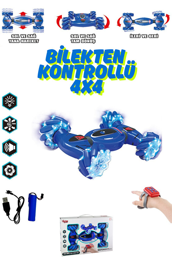 Oyuncak Bilekten Kontrollü Şarjlı 2.4G Işıklı Ve Müzikli Bileklik Kumandalı Akrobat Araba