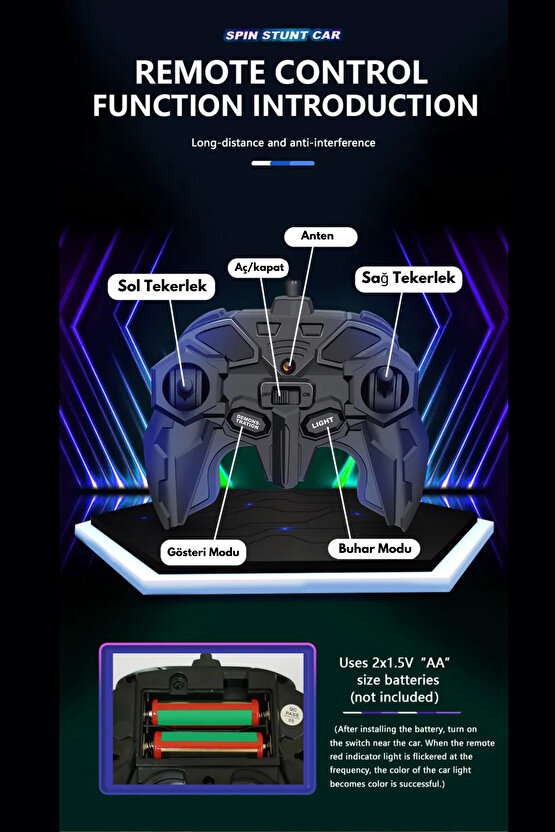 Uzaktan Kumandalı 4x4 Full Fonksiyon Şarjlı Işıklı Buharlı Spin 360 Derece Dönen Akrobat Araba