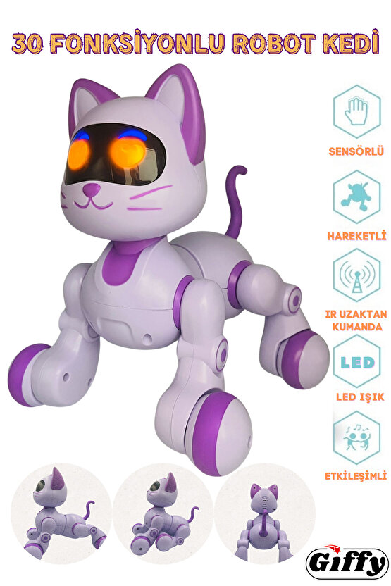 Oyuncak 30 Fonksiyonlu Uzaktan Kumandalı Şarjlı Sesli Işıklı Dokunma Algılama&Programlama Robot Kedi