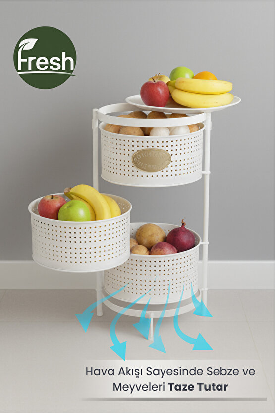 3 Katlı Tepsili Kule Sebzelik Açılır Metal Patates Soğan Meyvelik Sepetli Rafı Beyaz