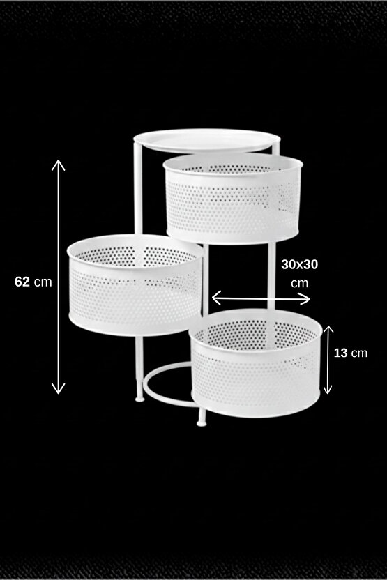 3 Katlı Tepsili Kule Sebzelik Açılır Metal Patates Soğan Meyvelik Sepetli Rafı Beyaz