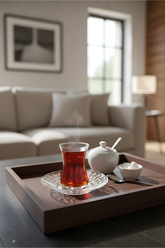 6Lı Çay Bardağı Altlığı Tabak Seti - Mika Kristal Çay Tabağı