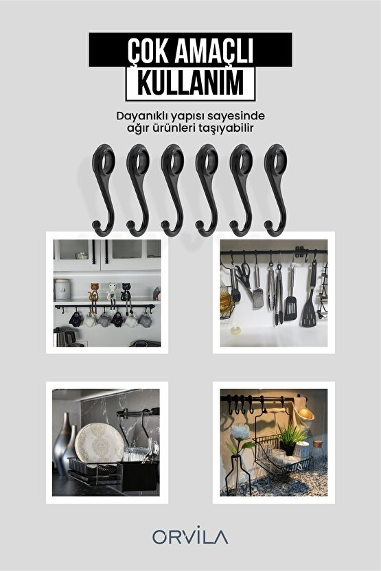 Siyah Metal Mutfak Ve Banyo Askısı Çok Amaçlı 8 Kancalı Askı Demiri Maxi 72 Cm