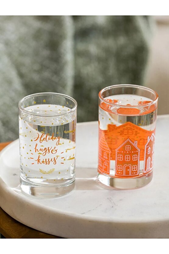 Yılbaşı Kolesiyonu Kahverengi Yılbaşı Baskılı Cam Bardak Seti 6lı 125 Ml