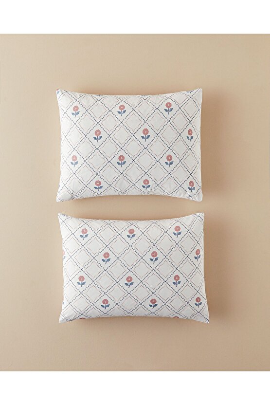 Ornament Blossom Pamuklu 2li Yastık Kılıfı Mavi - Pembe