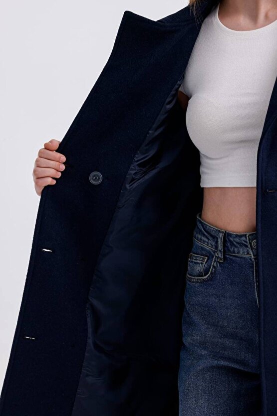 Kuşaklı Düğmeli Kaşe Kaban