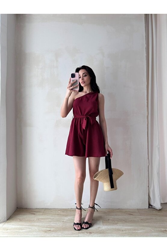 Kadın Tek Omuz Kuşaklı Mini Tulum